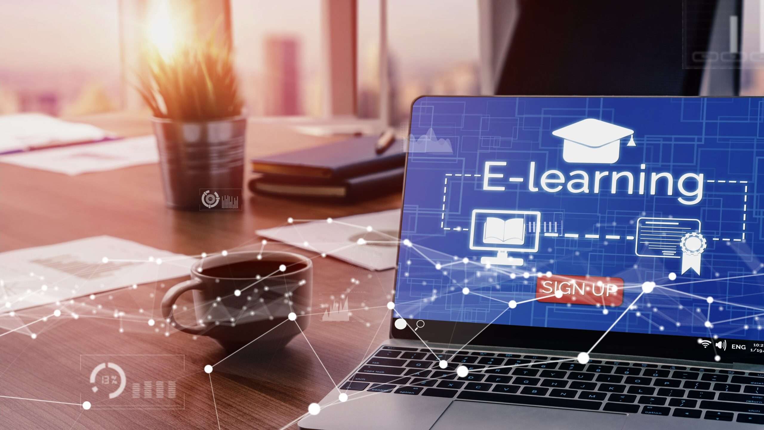 E-learning and Online Education for Student and University conceptual . Graphic interface showing technology of digital training course for people to do remote learning from anywhere.
